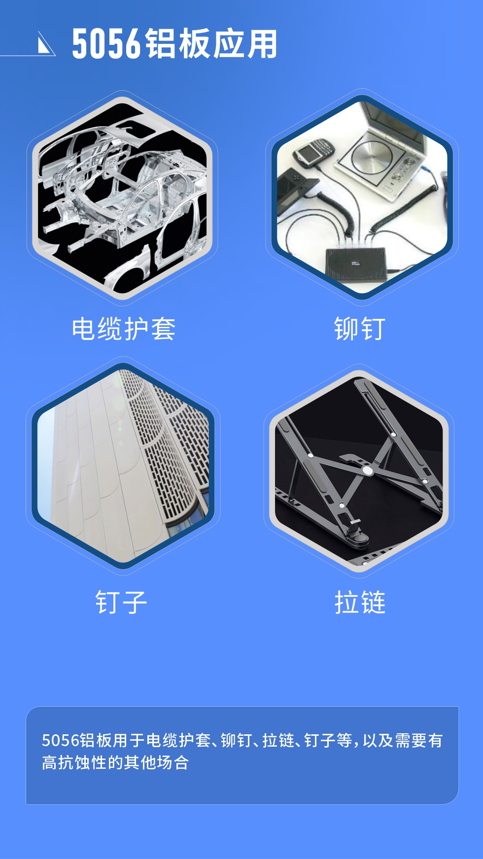 市場(chǎng)應(yīng)用
　　5056鋁板用于電纜護(hù)套、鉚釘、拉鏈、釘子等，以及需要有高抗蝕性的其他場(chǎng)合。
　　5056鋁板生產(chǎn)廠家
　　明泰鋁業(yè)支持定做，為用戶合理推薦更合理產(chǎn)品規(guī)格，并提供優(yōu)惠報(bào)價(jià)，讓您選購(gòu)無(wú)憂。
　　明泰鋁業(yè)是一家集科研、加工、制造為一體的大型現(xiàn)代化鋁加工企業(yè)。公司可生產(chǎn)1-8系鋁板帶箔產(chǎn)品，規(guī)格齊全。