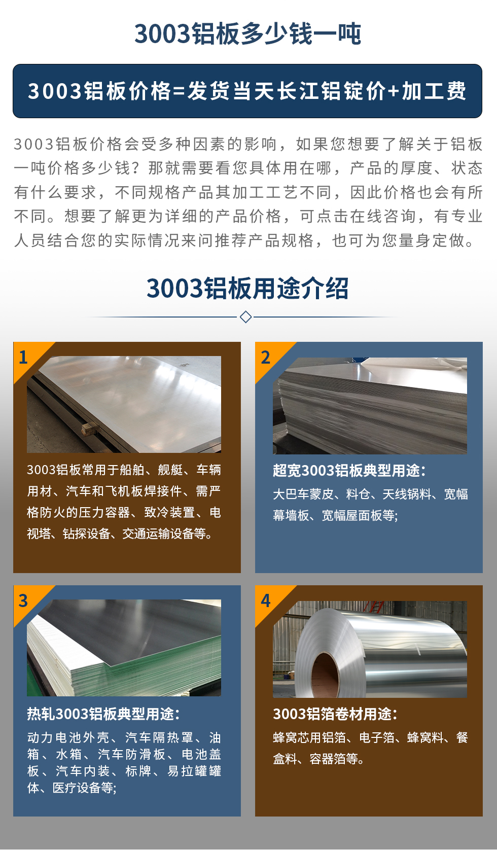 3003鋁板用途介紹
　　3003鋁板常用于船舶、艦艇、車輛用材、汽車和飛機板焊接件、需嚴格防火的壓力容器、致冷裝置、電視塔、鉆探設備、交通運輸設備等。超寬3003鋁板典型用途：大巴車蒙皮、料倉、天線鍋料、寬幅幕墻板、寬幅屋面板等;熱軋3003鋁板典型用途：動力電池外殼、汽車隔熱罩、油箱、水箱、汽車防滑板、電池蓋板、汽車內裝、標牌、易拉罐罐體、醫療設備等;3003鋁箔卷材用途： 蜂窩芯用鋁箔、電子箔、蜂窩料、餐盒料、容器箔等。